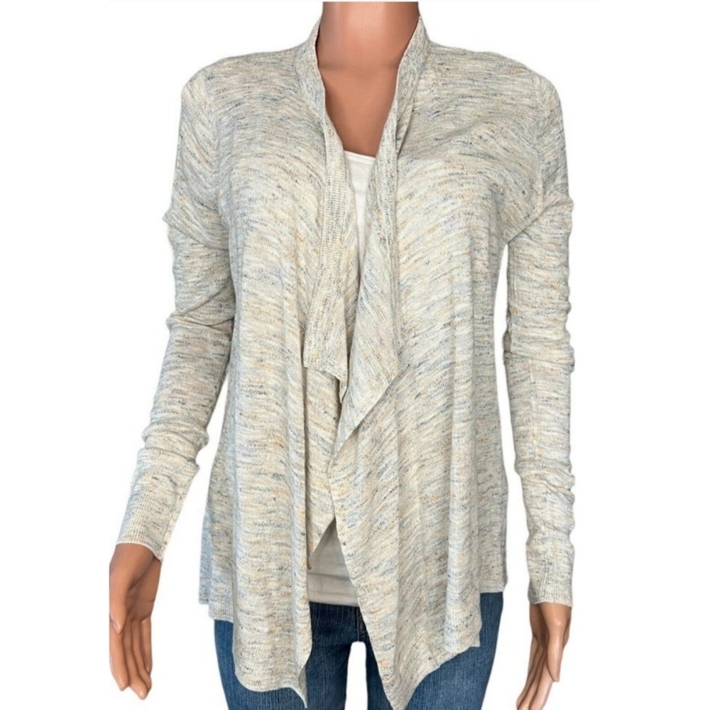 Loft Linen Blend Open front Waterfall Cardigan sweater White Multicolor Size M